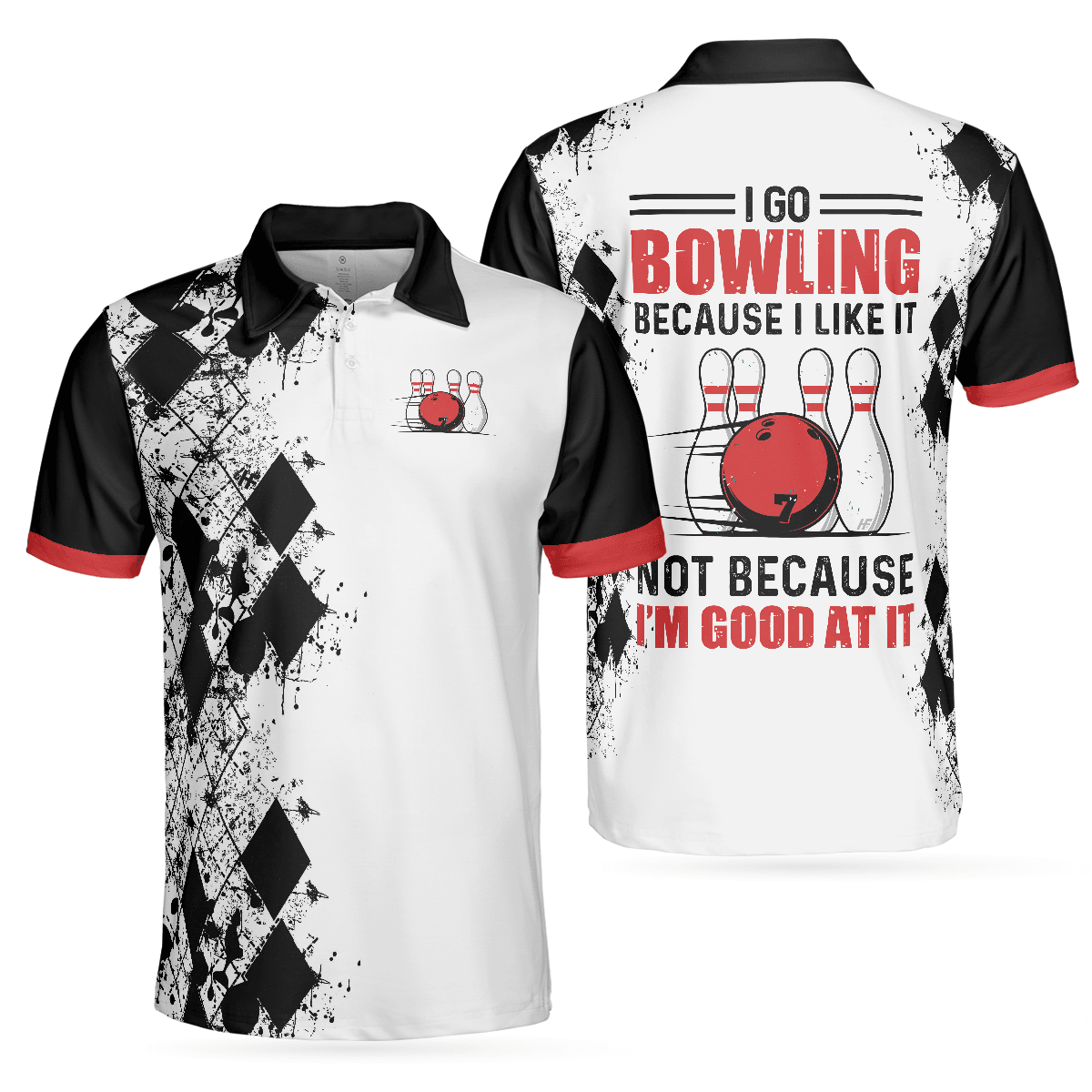 Bowling Men Polo Shirt - I Go Bowling Because I Like It Polo Shirt, Black Argyle Pattern Bowling Polo Shirt - Gift For Friend, Family, Bowling Lovers - Amzanimalsgift