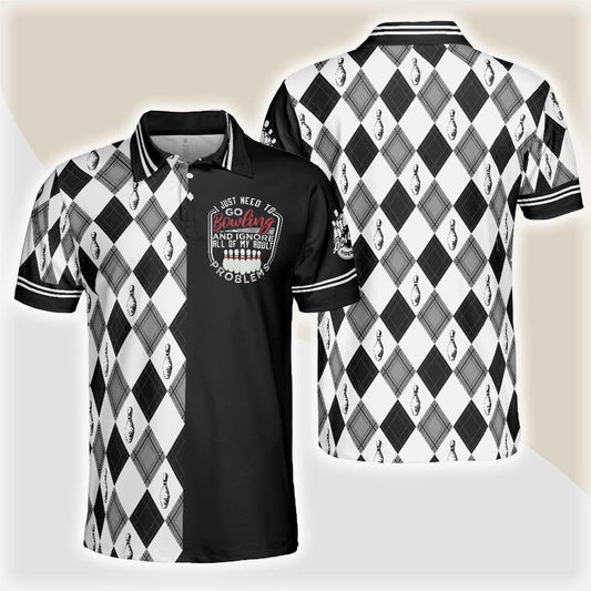 Bowling Men Polo Shirt - I Just Need To Go Bowling Polo Shirt, Black And White Argyle Pattern Bowling Polo Shirt - Gift For Friend, Family, Bowling Lovers - Amzanimalsgift