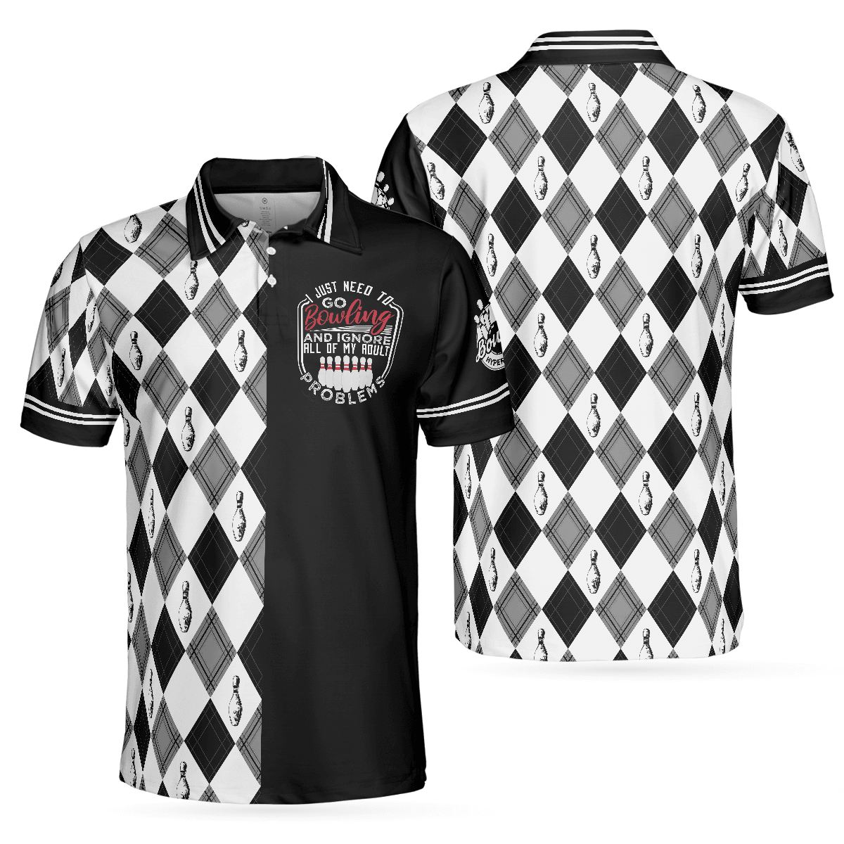 Bowling Men Polo Shirt - I Just Need To Go Bowling Polo Shirt, Black And White Argyle Pattern Bowling Polo Shirt - Gift For Friend, Family, Bowling Lovers - Amzanimalsgift