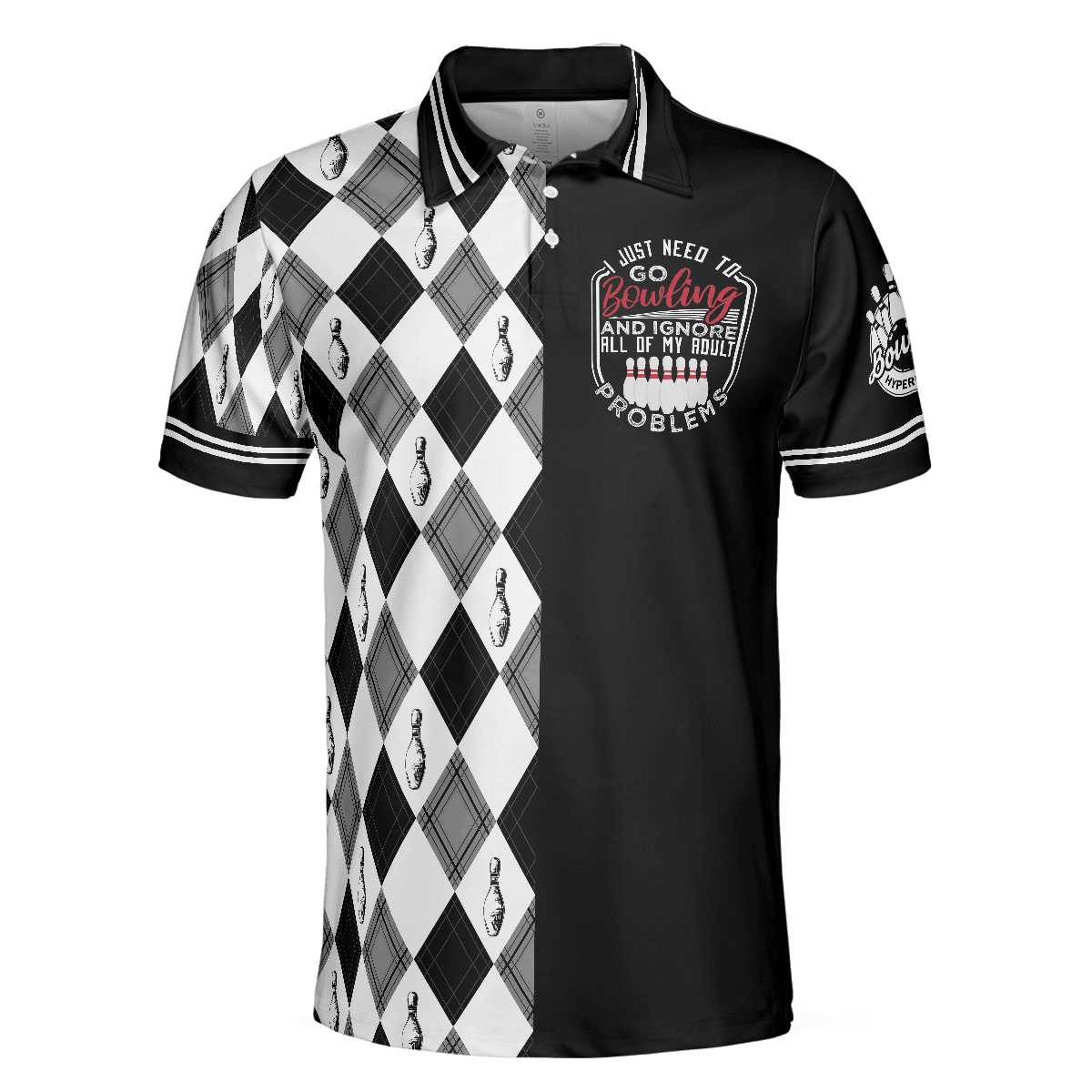 Bowling Men Polo Shirt - I Just Need To Go Bowling Polo Shirt, Black And White Argyle Pattern Bowling Polo Shirt - Gift For Friend, Family, Bowling Lovers - Amzanimalsgift