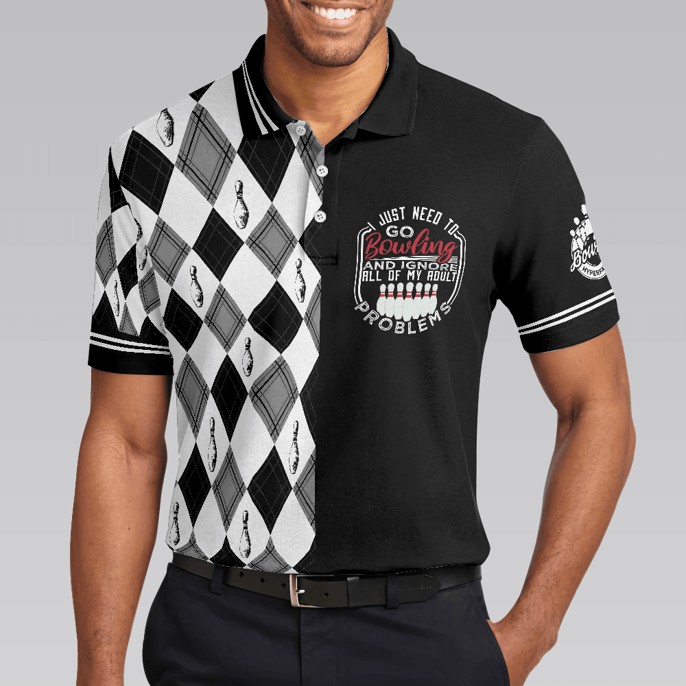 Bowling Men Polo Shirt - I Just Need To Go Bowling Polo Shirt, Black And White Argyle Pattern Bowling Polo Shirt - Gift For Friend, Family, Bowling Lovers - Amzanimalsgift