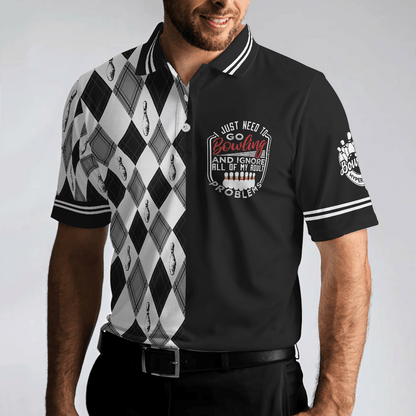 Bowling Men Polo Shirt - I Just Need To Go Bowling Polo Shirt, Black And White Argyle Pattern Bowling Polo Shirt - Gift For Friend, Family, Bowling Lovers - Amzanimalsgift