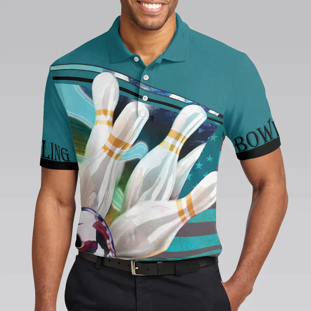 Bowling Men Polo Shirt - Love Bowling Polo Shirt, Blue American Flag Bowling Polo Shirt - Gift For Friend, Family, Bowling Lovers - Amzanimalsgift