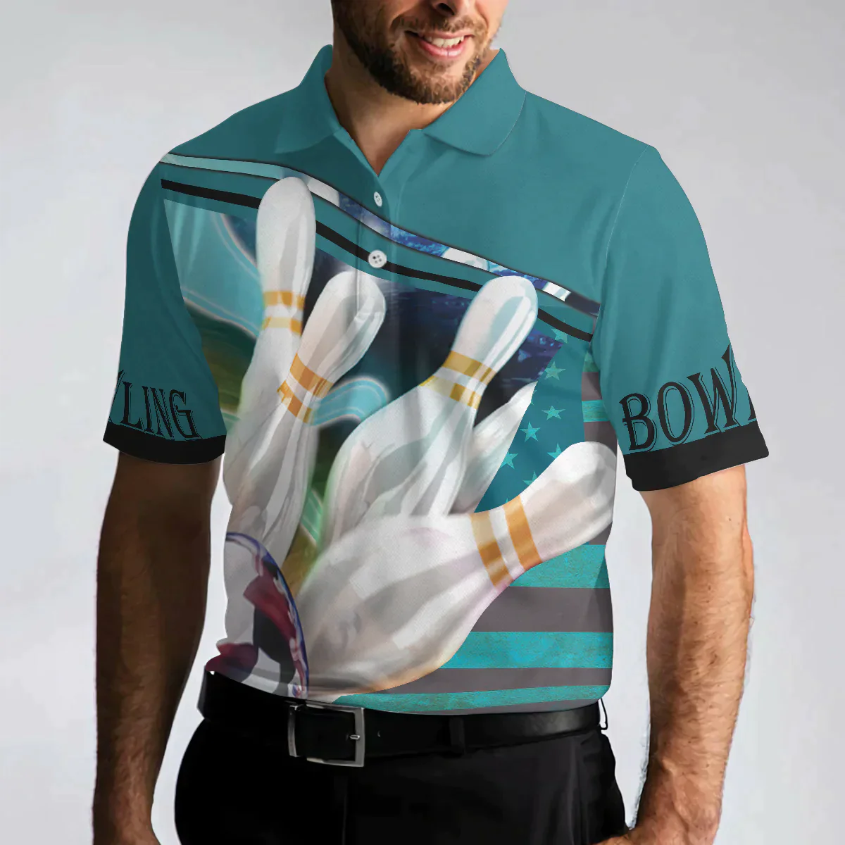 Bowling Men Polo Shirt - Love Bowling Polo Shirt, Blue American Flag Bowling Polo Shirt - Gift For Friend, Family, Bowling Lovers - Amzanimalsgift