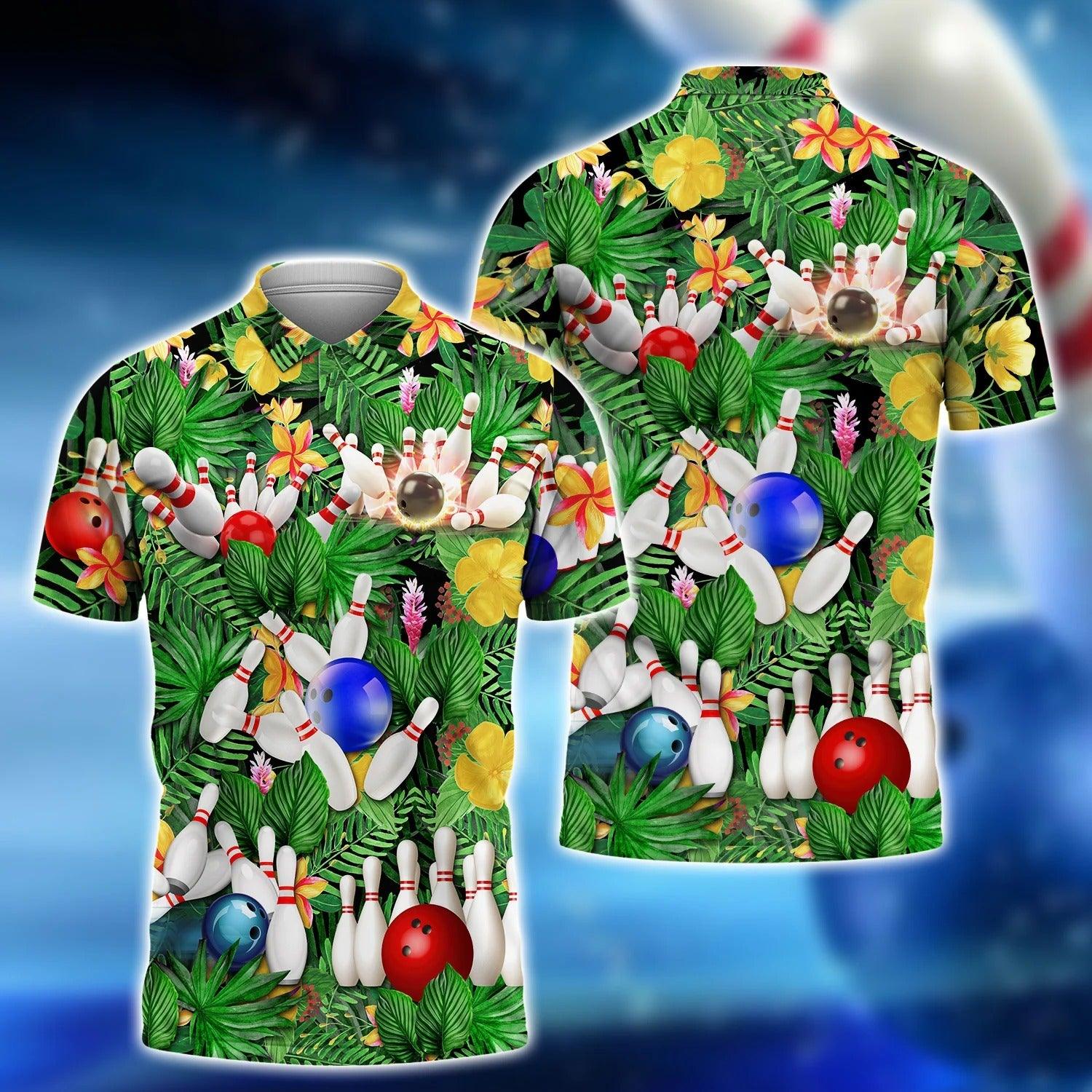 Bowling Men Polo Shirt - Multiple Bowl And Ball In Flower Hawaii Pattern Bowling Polo Shirt - Perfect Gift For Friend, Family - Amzanimalsgift