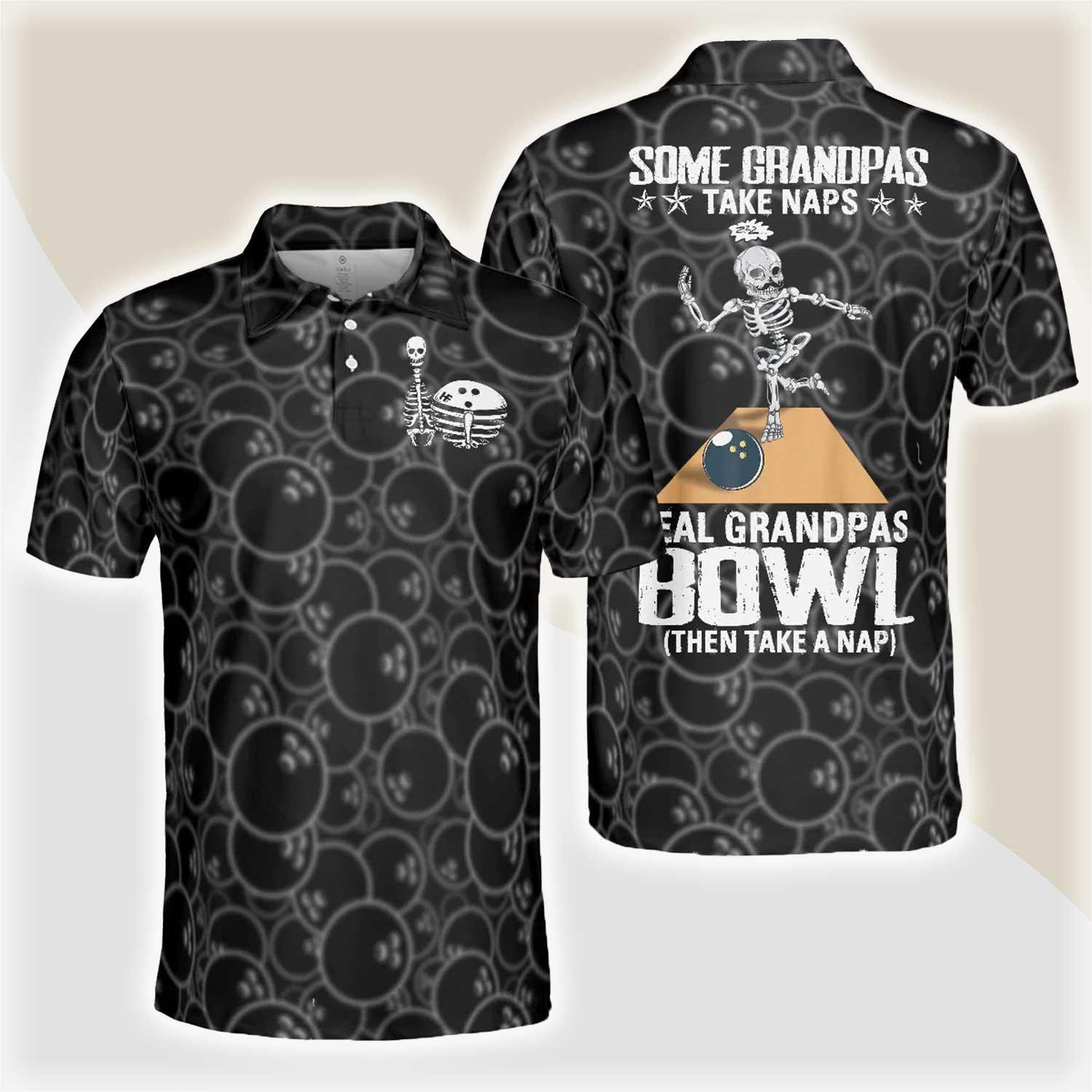 Bowling Men Polo Shirt - Real Grandpas Bowl Polo Shirt, Black Ball Pattern Bowling Polo Shirt - Gift For Friend, Family, Bowling Lovers - Amzanimalsgift