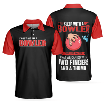 Bowling Men Polo Shirt - Sleep With Bowler Polo Shirt, Black And Red Bowling Polo Shirt - Gift For Friend, Family, Bowling Lovers - Amzanimalsgift
