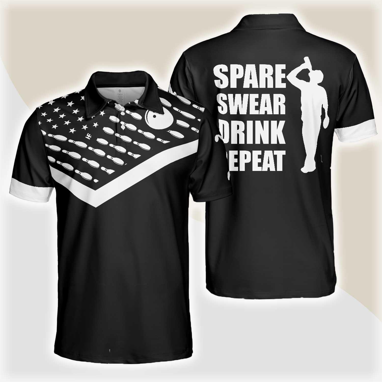 Bowling Men Polo Shirt - Spear Swear Drink Repeat Men Bowling Polo Shirt - Gift For Friend, Family, Bowling Lovers - Amzanimalsgift