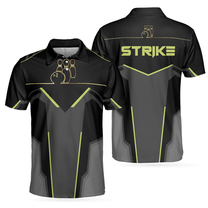 Bowling Men Polo Shirt - Strike Black And Golden Pattern Bowling Polo Shirt - Gift For Friend, Family, Bowling Lovers - Amzanimalsgift