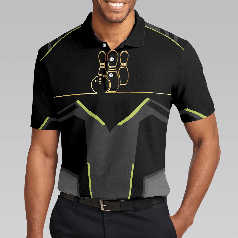 Bowling Men Polo Shirt - Strike Black And Golden Pattern Bowling Polo Shirt - Gift For Friend, Family, Bowling Lovers - Amzanimalsgift
