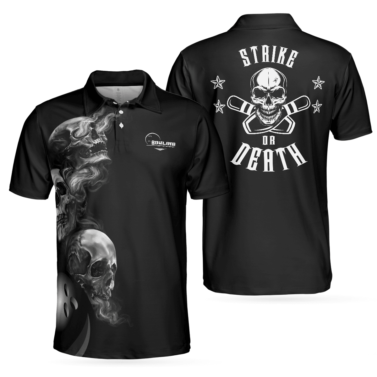 Bowling Men Polo Shirt - Strike Or Death Bowling Skull Polo Shirt, Black Skull Bowling Polo Shirt - Gift For Friend, Family, Bowling Lovers - Amzanimalsgift