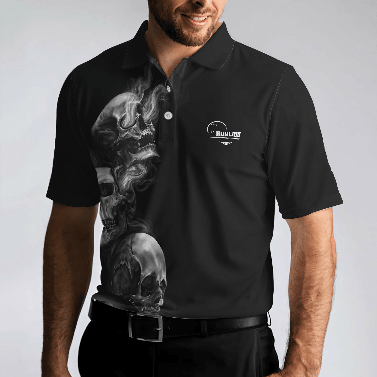 Bowling Men Polo Shirt - Strike Or Death Bowling Skull Polo Shirt, Black Skull Bowling Polo Shirt - Gift For Friend, Family, Bowling Lovers - Amzanimalsgift