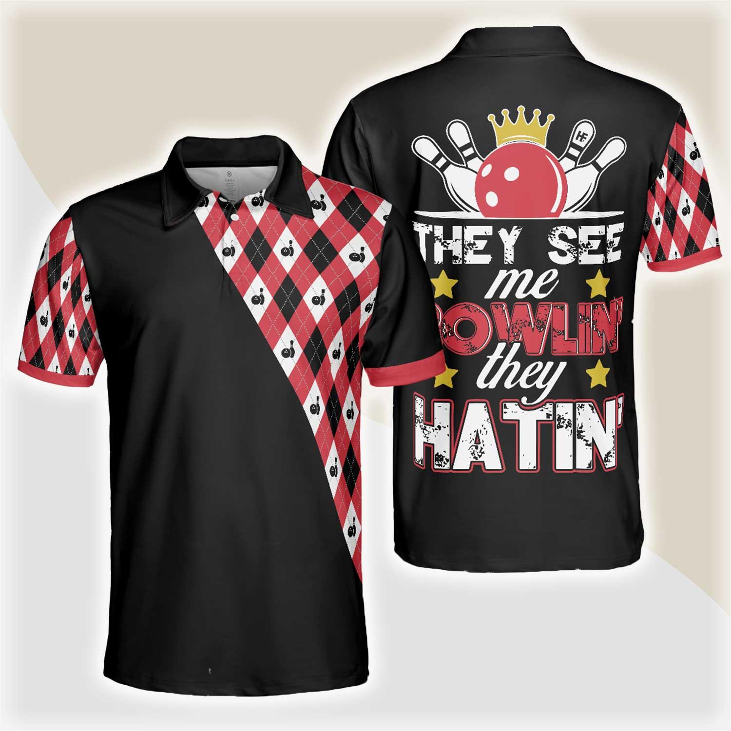 Bowling Men Polo Shirt - They See Me Bowlin' They Hatin' Polo Shirt, Bowling Plaid Pattern Bowling Polo Shirt - Gift For Friend, Family, Bowling Lovers - Amzanimalsgift