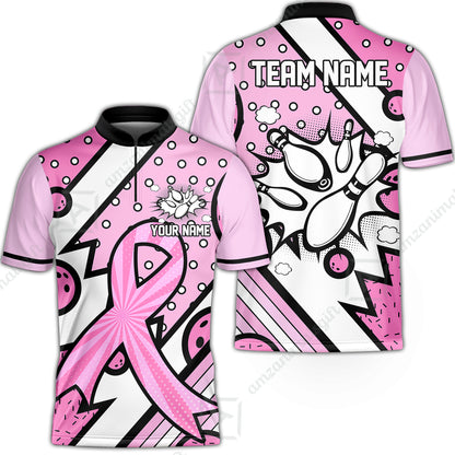 Customized Bowling Team Polo Jersey, Bowling Pink Ribbon Comic Style Uniform Shirt For Bowlers