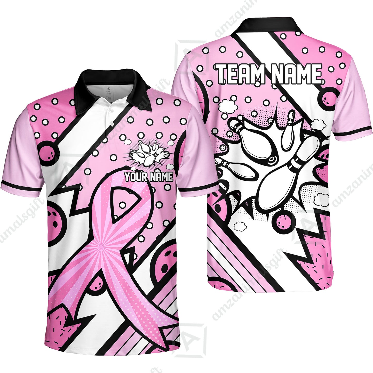 Customized Bowling Team Polo Jersey, Bowling Pink Ribbon Comic Style Uniform Shirt For Bowlers