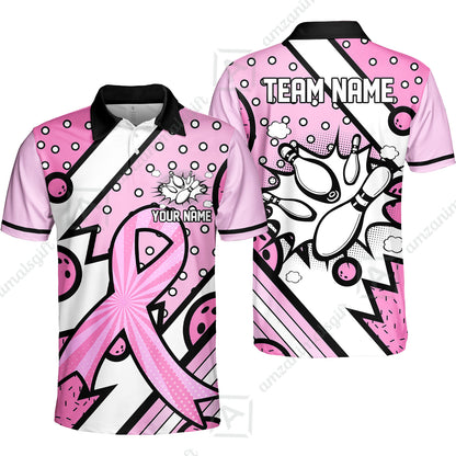 Customized Bowling Team Polo Jersey, Bowling Pink Ribbon Comic Style Uniform Shirt For Bowlers