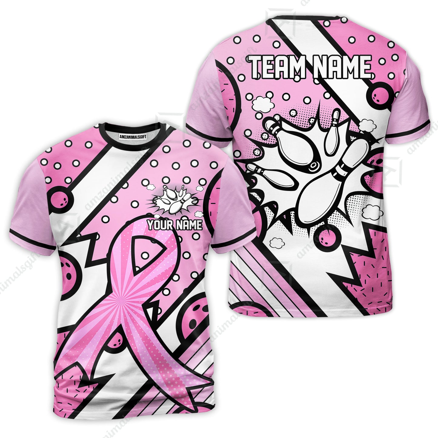 Customized Bowling Team Polo Jersey, Bowling Pink Ribbon Comic Style Uniform Shirt For Bowlers