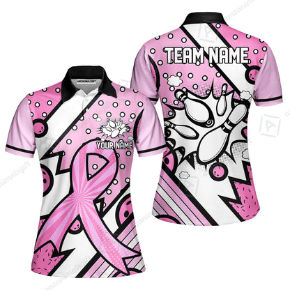 Customized Bowling Team Polo Jersey, Bowling Pink Ribbon Comic Style Uniform Shirt For Bowlers
