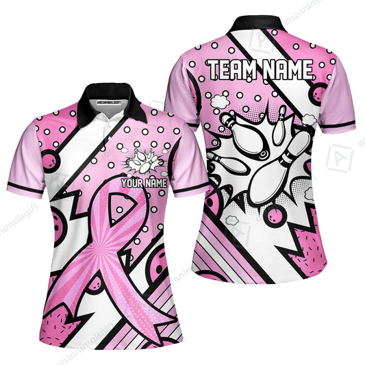 Customized Bowling Team Polo Jersey, Bowling Pink Ribbon Comic Style Uniform Shirt For Bowlers