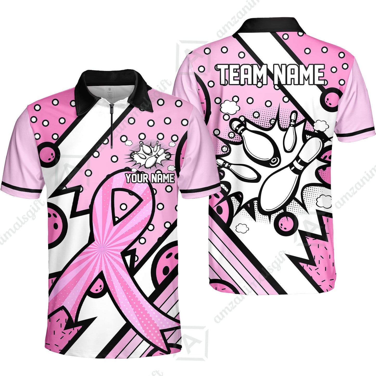 Customized Bowling Team Polo Jersey, Bowling Pink Ribbon Comic Style Uniform Shirt For Bowlers