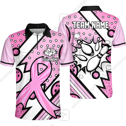 Customized Bowling Team Polo Jersey, Bowling Pink Ribbon Comic Style Uniform Shirt For Bowlers