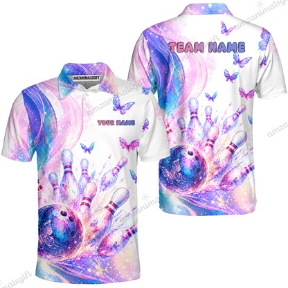 Custom Bowling Jersey Polo Shirt, Bowling Dart Butterfly, Personalize Name and Team Name