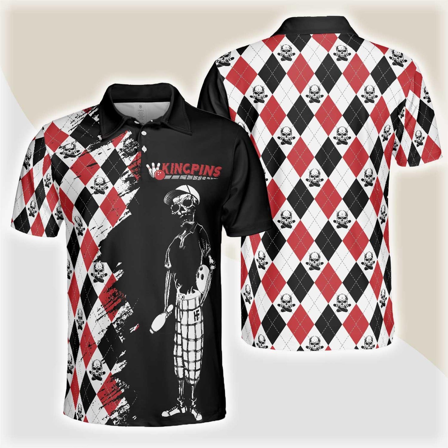 Bowling Red Black White Skull Pattern Short Sleeve Polo Shirt, Argyle Pattern Polo Shirt, Best Bowling Shirt For Men - Amzanimalsgift