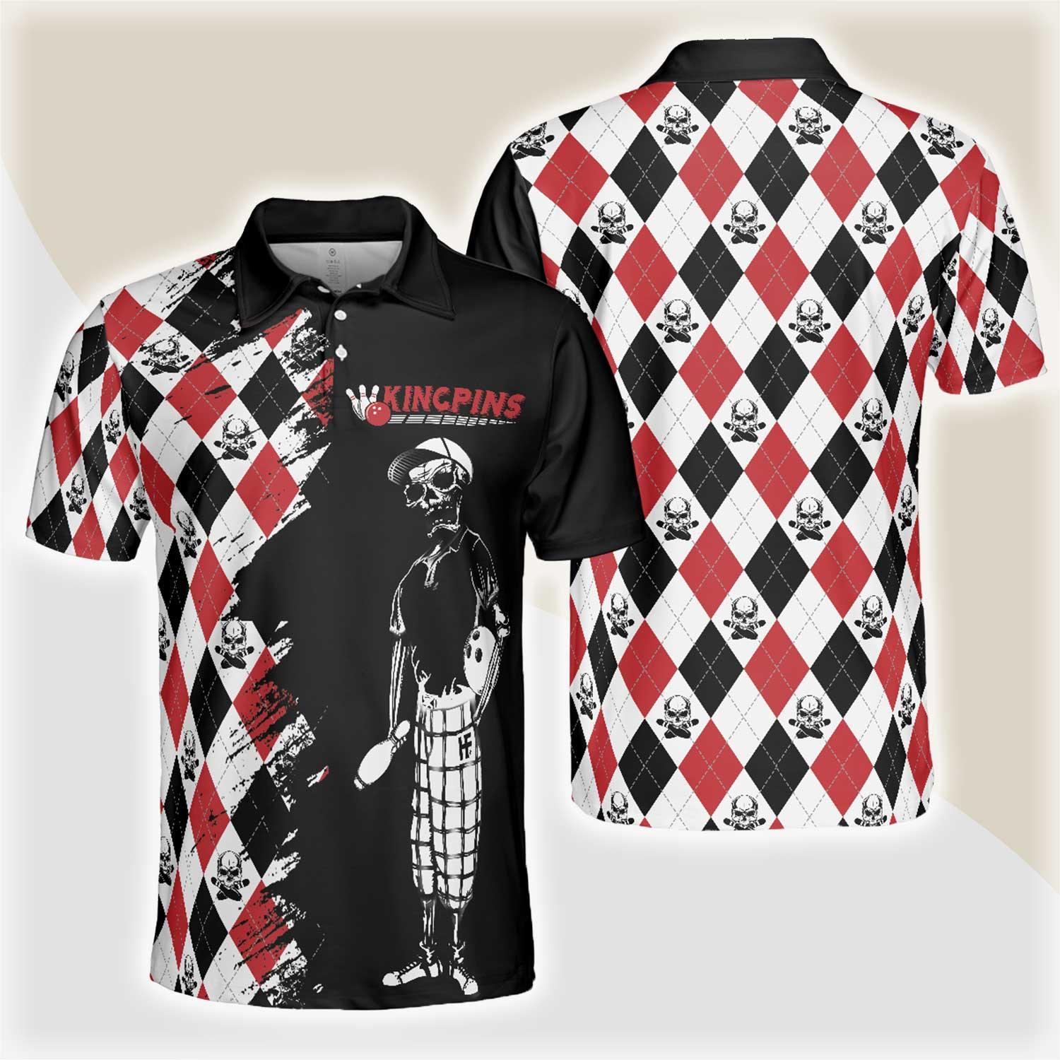 Bowling Red Black White Skull Pattern Short Sleeve Polo Shirt, Argyle Pattern Polo Shirt, Best Bowling Shirt For Men - Amzanimalsgift