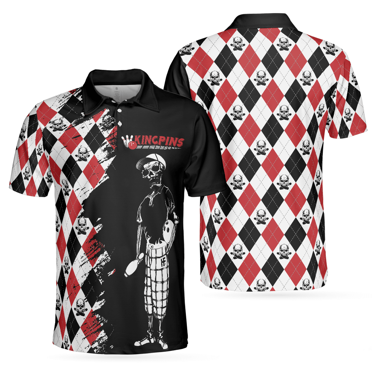 Bowling Red Black White Skull Pattern Short Sleeve Polo Shirt, Argyle Pattern Polo Shirt, Best Bowling Shirt For Men - Amzanimalsgift