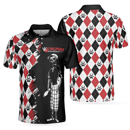 Bowling Red Black White Skull Pattern Short Sleeve Polo Shirt, Argyle Pattern Polo Shirt, Best Bowling Shirt For Men - Amzanimalsgift