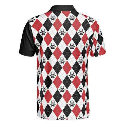 Bowling Red Black White Skull Pattern Short Sleeve Polo Shirt, Argyle Pattern Polo Shirt, Best Bowling Shirt For Men - Amzanimalsgift