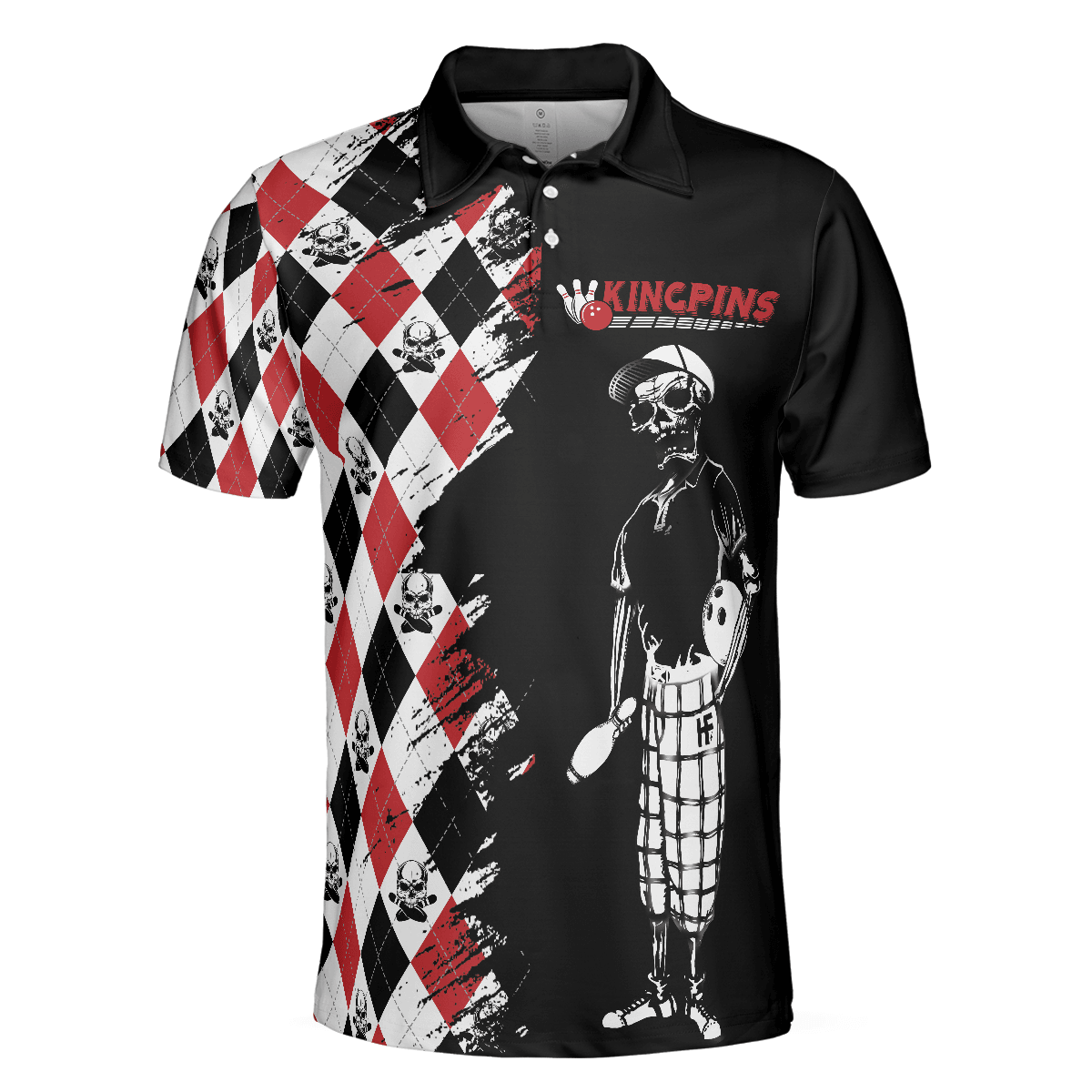 Bowling Red Black White Skull Pattern Short Sleeve Polo Shirt, Argyle Pattern Polo Shirt, Best Bowling Shirt For Men - Amzanimalsgift