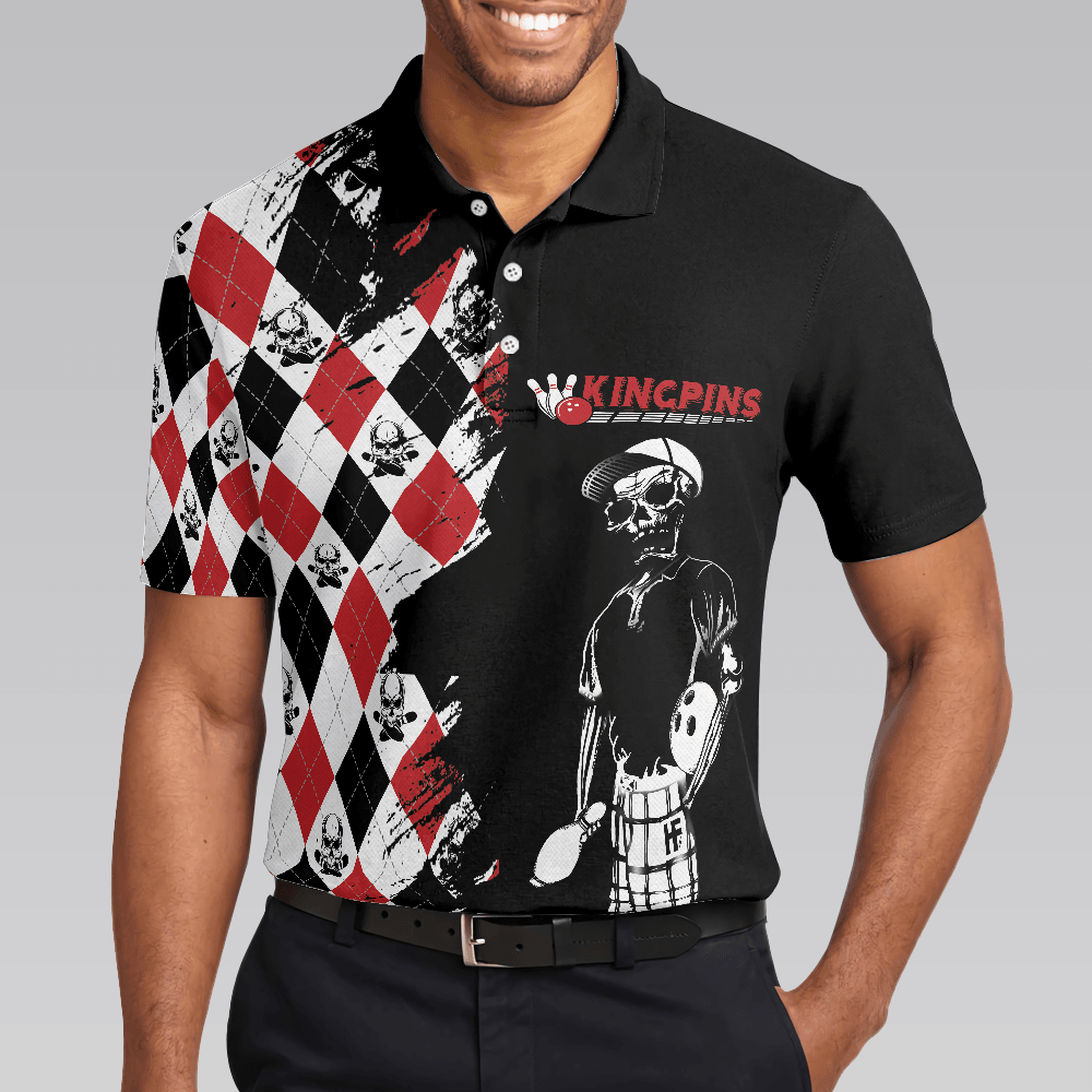 Bowling Red Black White Skull Pattern Short Sleeve Polo Shirt, Argyle Pattern Polo Shirt, Best Bowling Shirt For Men - Amzanimalsgift