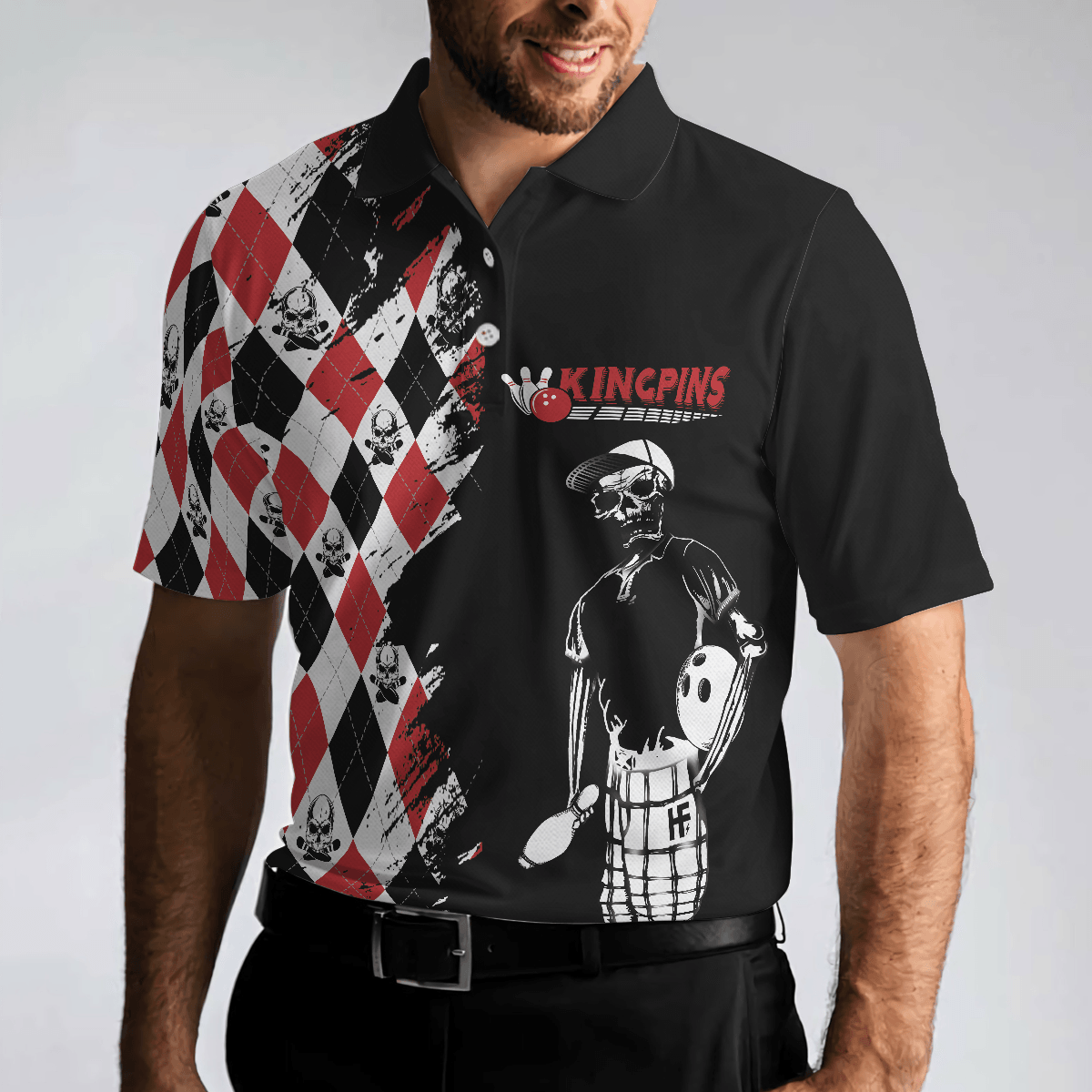 Bowling Red Black White Skull Pattern Short Sleeve Polo Shirt, Argyle Pattern Polo Shirt, Best Bowling Shirt For Men - Amzanimalsgift