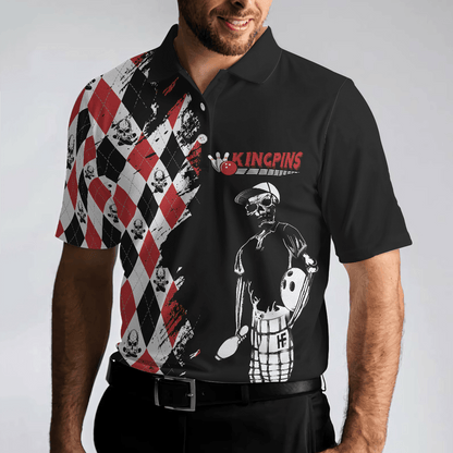 Bowling Red Black White Skull Pattern Short Sleeve Polo Shirt, Argyle Pattern Polo Shirt, Best Bowling Shirt For Men - Amzanimalsgift