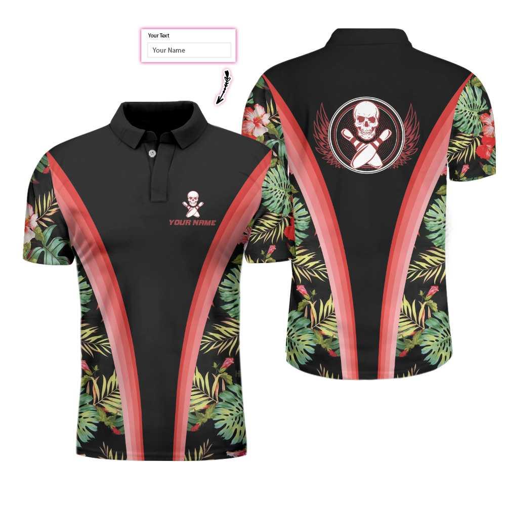 Bowling Skull Tropical Flower Custom Name Polo Shirts, Skull Floral Bowling Polo Shirt For Men Bowlers, Cool Tropical Polo Shirts - Amzanimalsgift