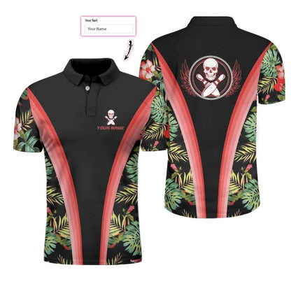 Bowling Skull Tropical Flower Custom Name Polo Shirts, Skull Floral Bowling Polo Shirt For Men Bowlers, Cool Tropical Polo Shirts - Amzanimalsgift