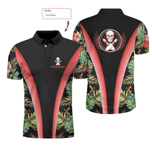 Bowling Skull Tropical Flower Custom Name Polo Shirts, Skull Floral Bowling Polo Shirt For Men Bowlers, Cool Tropical Polo Shirts - Amzanimalsgift