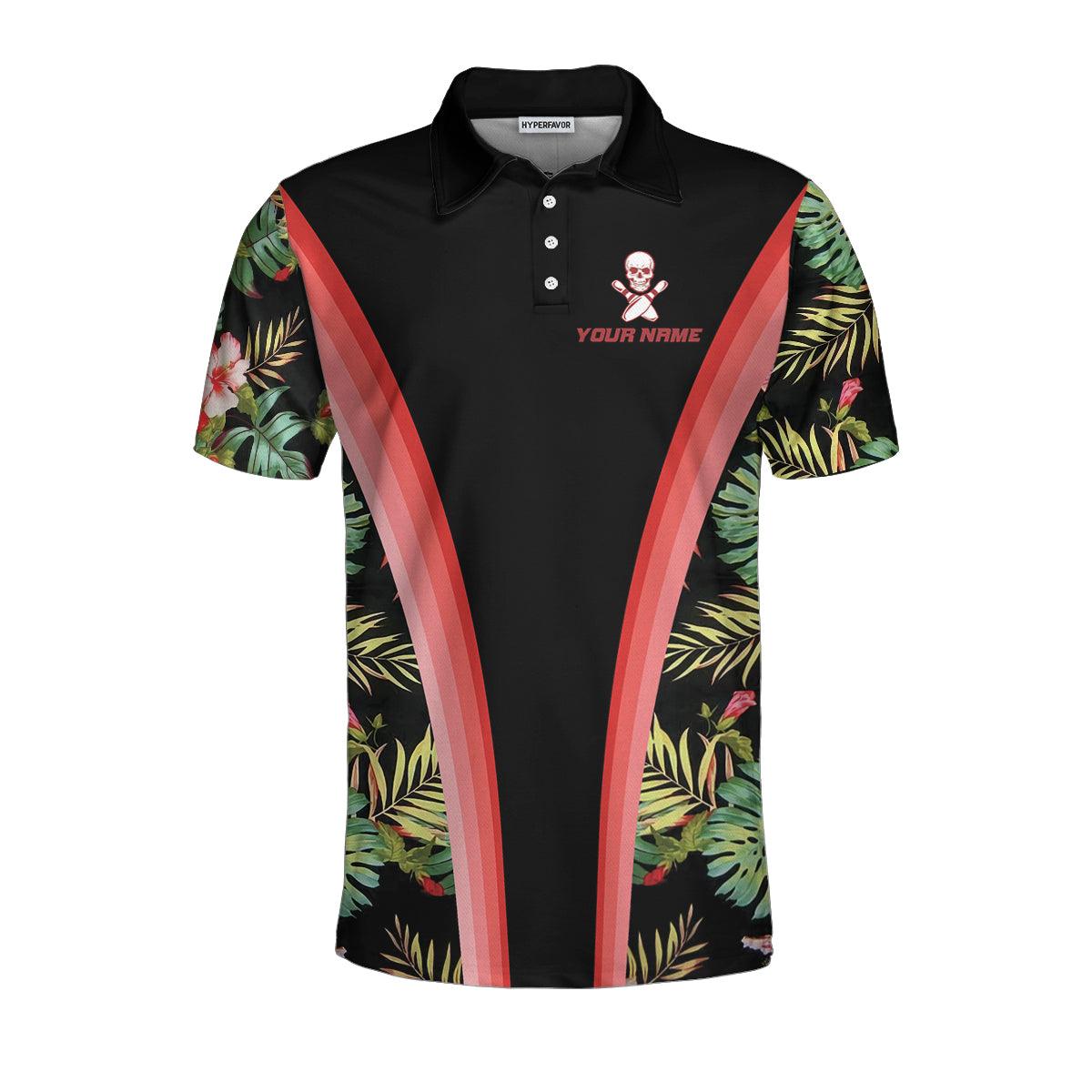 Bowling Skull Tropical Flower Custom Name Polo Shirts, Skull Floral Bowling Polo Shirt For Men Bowlers, Cool Tropical Polo Shirts - Amzanimalsgift