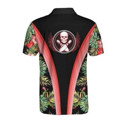 Bowling Skull Tropical Flower Custom Name Polo Shirts, Skull Floral Bowling Polo Shirt For Men Bowlers, Cool Tropical Polo Shirts - Amzanimalsgift