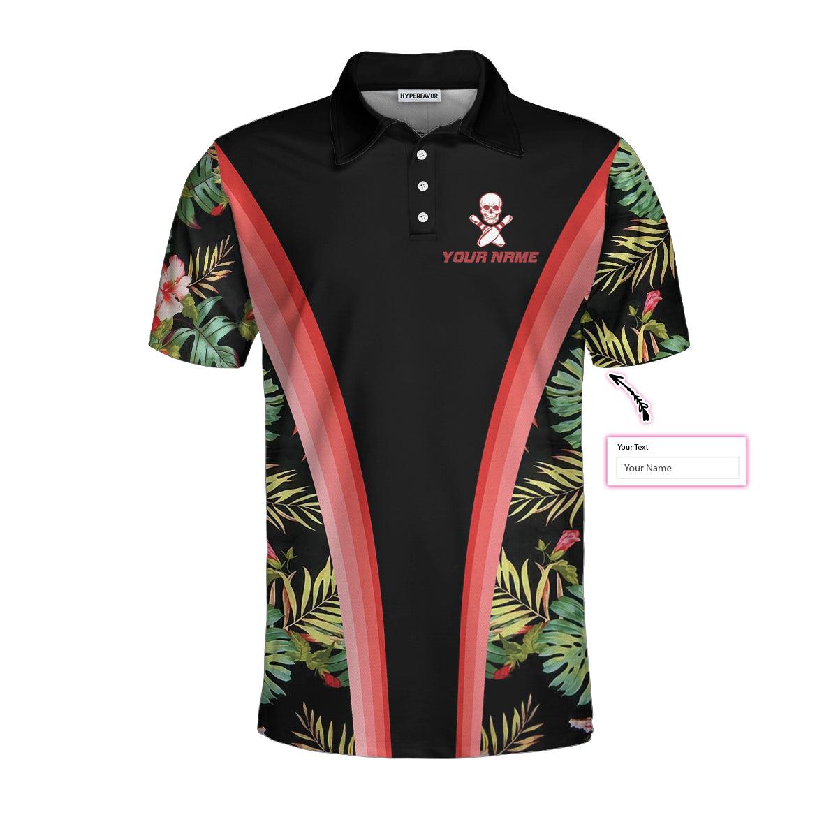 Bowling Skull Tropical Flower Custom Name Polo Shirts, Skull Floral Bowling Polo Shirt For Men Bowlers, Cool Tropical Polo Shirts - Amzanimalsgift