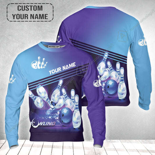 Bowling Long Sweatshirt With Custom Name, Personalized Blue Bowling Shirt Uniform Players, Perfect Gifts For Bowling Lovers, Bowlers