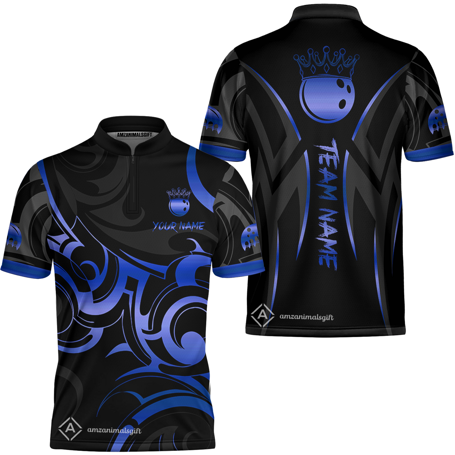 Customized Bowling Jersey, Bowling Swirling Fire Flames Gold And Black Style Stand Collar Quarter-Zip Shirt For Bowlers