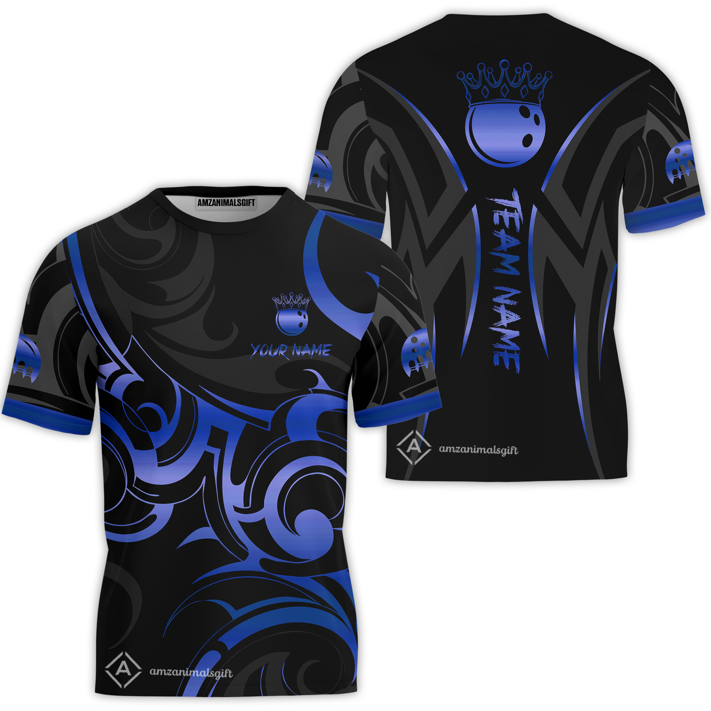 Customized Bowling Team T-Shirt, Bowling Swirling Fire Flames Gold And Black Style T-Shirt For Bowlers