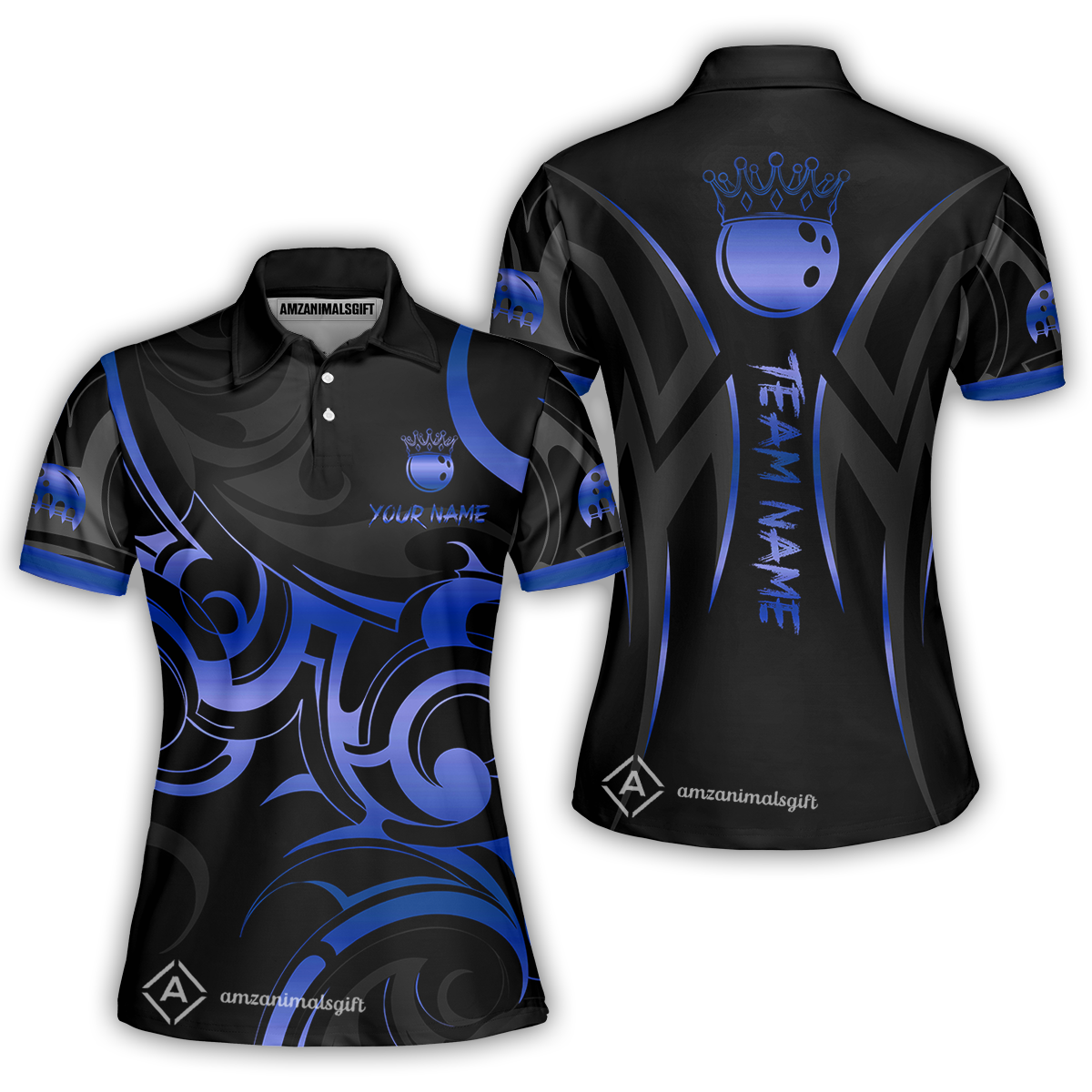 Customized Bowling Team Women Polo Shirt, Bowling Swirling Fire Flames Gold And Black Style Polo Shirt For Bowlers