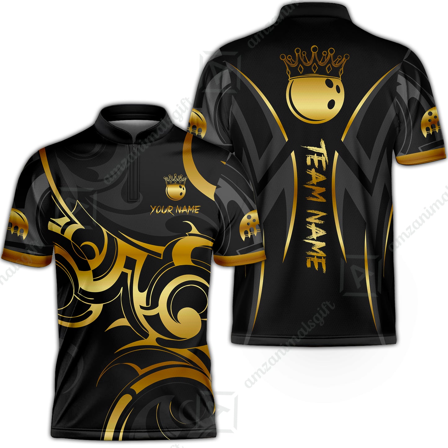 Customized Bowling Jersey, Bowling Swirling Fire Flames Gold And Black Style Stand Collar Quarter-Zip Shirt For Bowlers