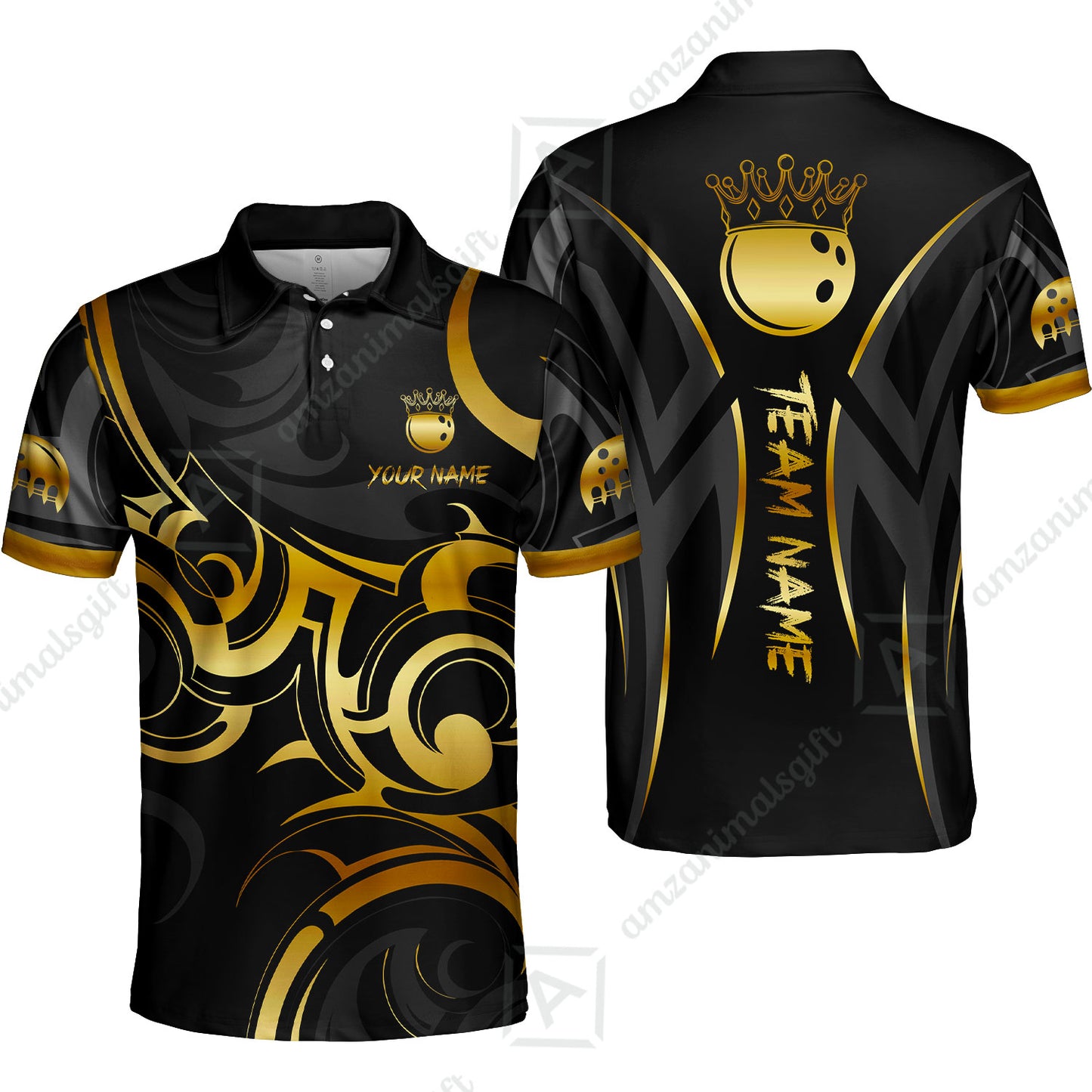 Customized Bowling Polo Shirt, Bowling Swirling Fire Flames Gold And Black Style Polo Shirt For Bowlers, Bowling Team