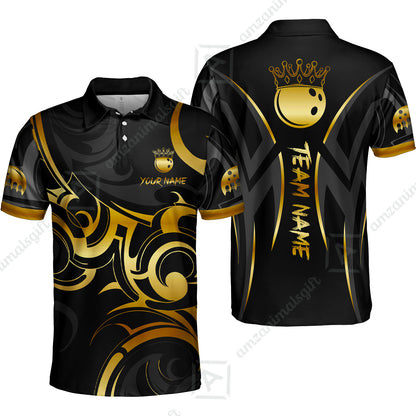 Customized Bowling Polo Shirt, Bowling Swirling Fire Flames Gold And Black Style Polo Shirt For Bowlers, Bowling Team