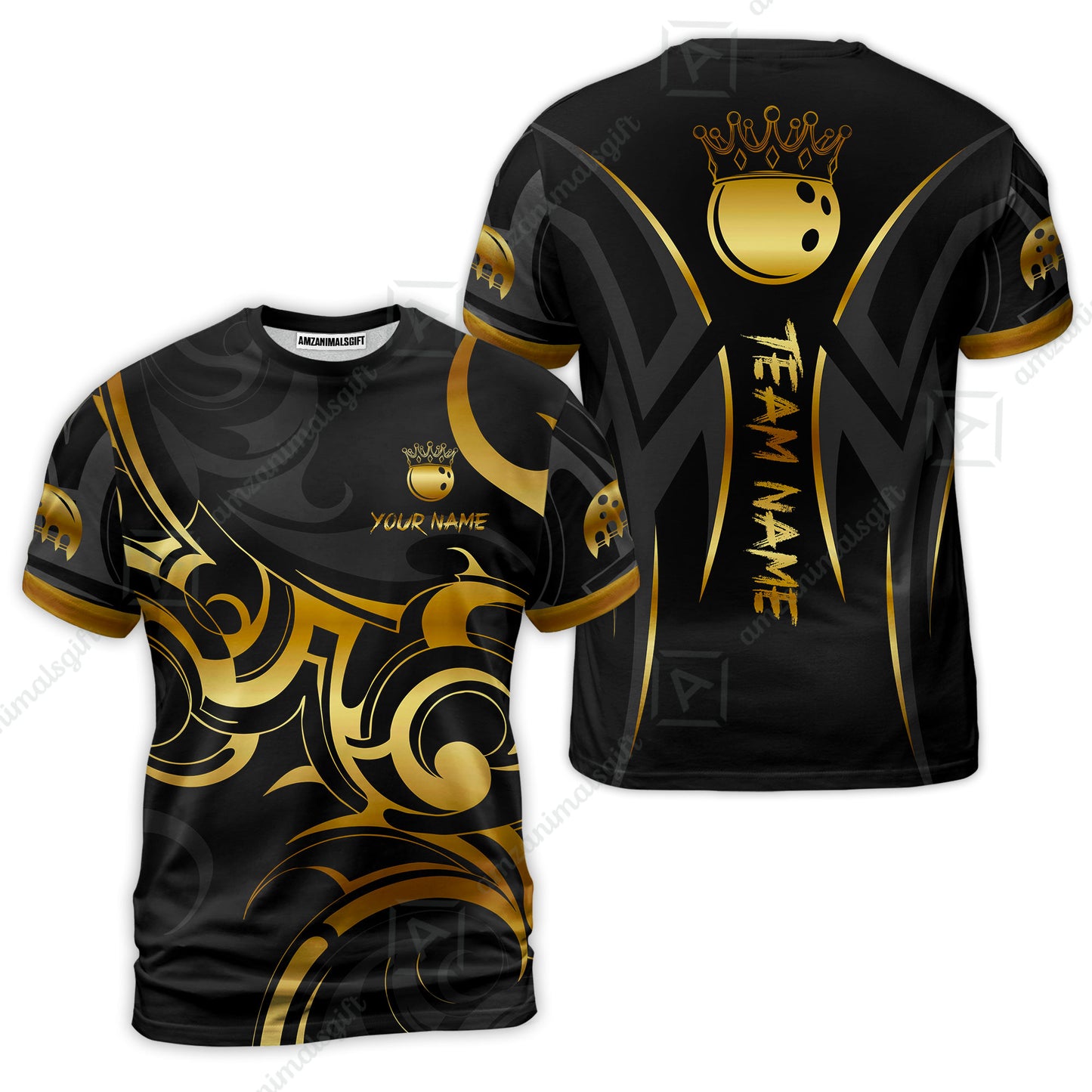 Customized Bowling Team T-Shirt, Bowling Swirling Fire Flames Gold And Black Style T-Shirt For Bowlers