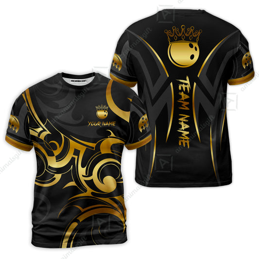 Customized Bowling Team T-Shirt, Bowling Swirling Fire Flames Gold And Black Style T-Shirt For Bowlers